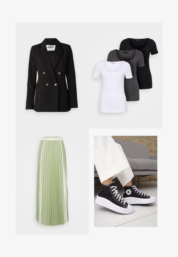 ONLY Tall ONLASTRID LIFE - Blazer - black; Trois T-shirts ajustés en blanc, gris et noir. Chacun présente un décolleté large et des manches courtes. Fabriqués en tissu lisse et extensible.; Jupe plissée en satin vert clair avec une large taille et des plis verticaux, créant une silhouette lisse et fluide.; Baskets montantes en toile noire avec semelles et lacets en caoutchouc blanc. Elles présentent un logo circulaire sur le côté et un contraste de coutures blanches.