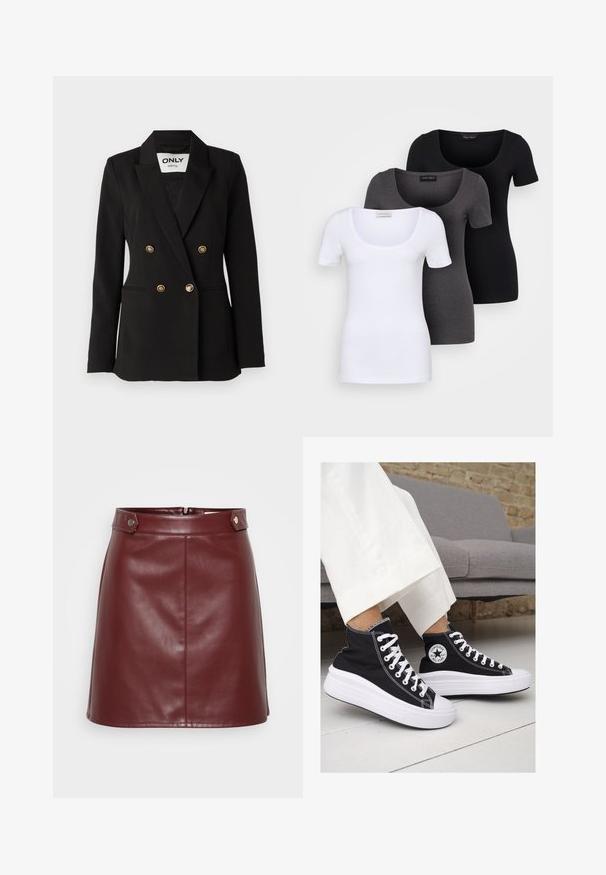 ONLY Tall ONLASTRID LIFE - Bleizeris - black; Trys priderinti marškiniai: balti, pilki ir juodi. Kiekvienas turi plačią apvalią iškirptę ir trumpas rankoves. Pagaminti iš lygaus, tamprių audinio.; Burgundi spalvos dirbtinės odos mini sijonas su struktūrizuotu juosmeniu, priekiniais užtrauktukais ir metaliniais užsegimais, pasižymintis sklandžiu, blizgiu paviršiumi.; Juodi kanvasiniai aukšti sportbačiai su baltais guminiais padu ir raišteliais. Šonuose yra apskritas logotipas ir ryški balta siūlė.