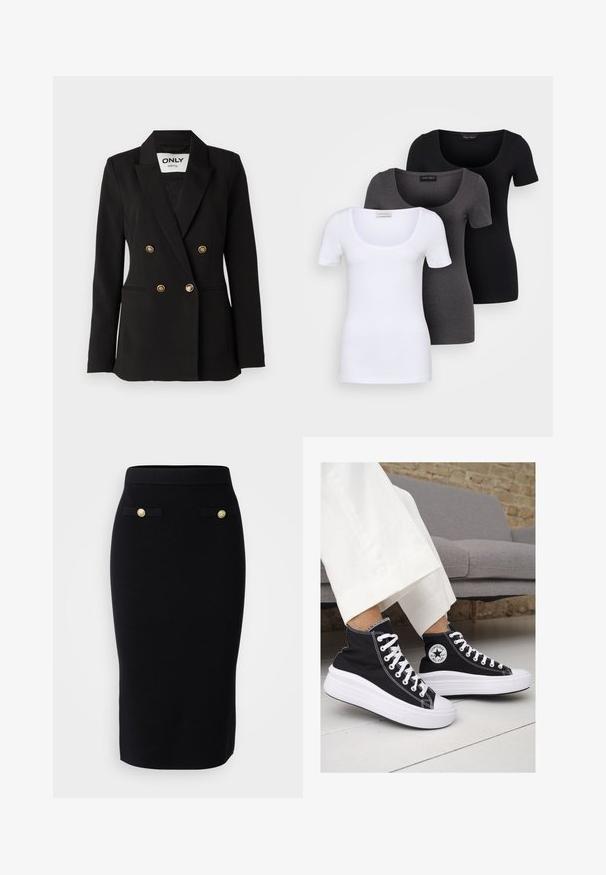 ONLY Tall ONLASTRID LIFE - Suknjič - black; Tri prilegla majica v beli, sivi in črni barvi. Vsaka ima širok izrez na vratu in kratke rokave. Narejene so iz gladkega, raztegljivega materiala.; Vero Moda Tall VMSABA LENGHT SKIRT - Ozko oprijeto krilo - black; Črne platnene visoke superge z belimi gumijastimi podplati in vezalkami. Imajo krožni logotip na strani in kontrastno bele šive.