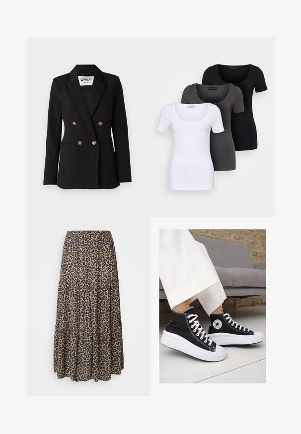 ONLY Tall ONLASTRID LIFE - Blejzer - black; Tričko v bielej, šedej a čiernej farbe s priliehavým strihom. Každé má široký výstrih a krátke rukávy. Vyrobené z hladkej, elastickej tkaniny.; Maxi sukňa s leopardím vzorom, s elastickým pásom, vrstveným dizajnom a mäkkou, ľahkou tkaninou v odtieňoch hnedej, čiernej a béžovej.; Čierne plátkové tenisky s vysokým strihom a bielymi gumovými podrážkami a šnúrkami. Majú okrúhly logotyp na boku a kontrastné biele stehy.