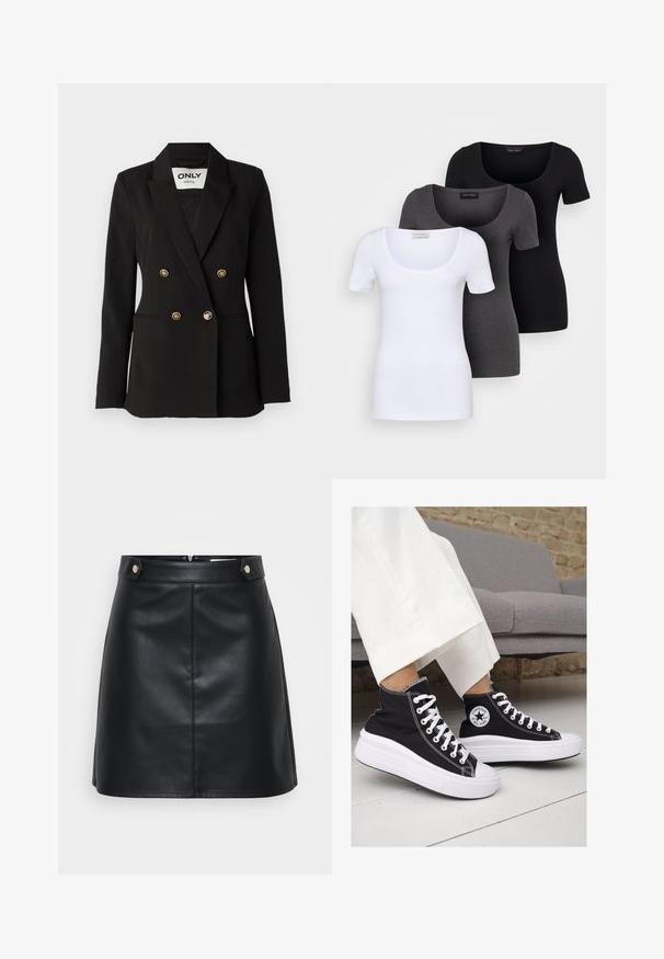 ONLY Tall ONLASTRID LIFE - Blejzer - black; Tričko v bielej, šedej a čiernej farbe s priliehavým strihom. Každé má široký výstrih a krátke rukávy. Vyrobené z hladkej, elastickej tkaniny.; Čierna kožená sukňa s priliehajúcim strihom, dvoma prednými vreckami so zlatistým kovaniem a zipsom na zadnej strane. Hladká štruktúra.; Čierne plátkové tenisky s vysokým strihom a bielymi gumovými podrážkami a šnúrkami. Majú okrúhly logotyp na boku a kontrastné biele stehy.