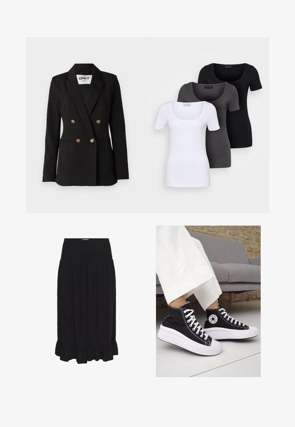 ONLY Tall ONLASTRID LIFE - Bleizeris - black; Trys priderinti marškiniai: balti, pilki ir juodi. Kiekvienas turi plačią apvalią iškirptę ir trumpas rankoves. Pagaminti iš lygaus, tamprių audinio.; Juodas midi sijonas su guminiu juosmeniu, pagamintas iš lengvos medžiagos, turi klostes ir raukinėtą apatinę dalį, kad būtų pridėta detalė.; Juodi kanvasiniai aukšti sportbačiai su baltais guminiais padu ir raišteliais. Šonuose yra apskritas logotipas ir ryški balta siūlė.