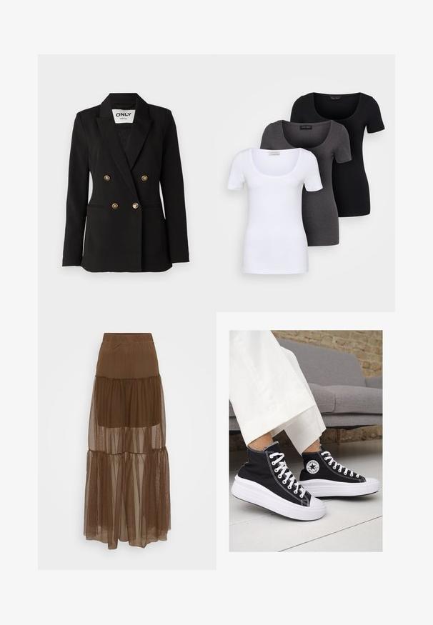 ONLY Tall ONLASTRID LIFE - Blejzr - black; Tři přiléhavé trička v bílé, šedé a černé barvě. Každé má široký výstřih a krátké rukávy. Vyrobeno z hladké, pružné tkaniny.; Hnědá vrstvená sukně s texturovanou síťovinou a elastickým pasem. Obsahuje tři vrstvy průsvitné látky, které vytvářejí splývavý siluetu.; Černé vysoké plátěné tenisky s bílými gumovými podrážkami a tkaničkami. Na boku mají kulaté logo a kontrastní bílé švy.
