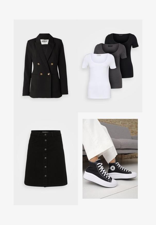 ONLY Tall ONLASTRID LIFE - Žakete - black; Trīs pieguļoši T-krekli baltā, pelēkā un melnā krāsā. Katram ir plaša izgriezuma kakla un īsas piedurknes. Izgatavoti no gluda, elastīga auduma.; Melnas džinsu svārki ar pogu priekšpuses aizdari, divām priekšējām kabatām un taisnu siluetu. Gluda tekstūra ar tīru apmali.; Melni kanvas augstpapēžu apavi ar baltām gumijas zolēm un auklām. Ievērojams aplis logotips sānos un kontrastējoša balta šuvums.