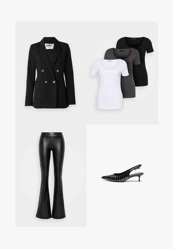 ONLY Tall ONLASTRID LIFE - Sacou - black; Trei tricouri ajustate, în alb, gri și negru. Fiecare are un decolteu larg în formă de cerc și mâneci scurte. Fabricate dintr-un material neted și elastic.; Pantaloni negri evazați din piele ecologică lucioasă, cu talie înaltă și textură netedă. Fără elemente metalice sau modele vizibile.; Sandale cu toc din piele neagră, cu vârf ascuțit și toc mic. Decorate cu cuie metalice pe partea superioară pentru un plus de textură.