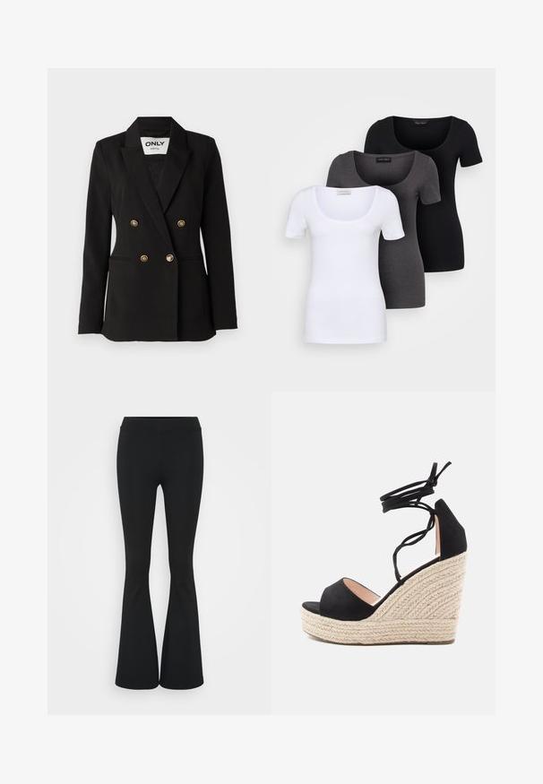 ONLY Tall ONLASTRID LIFE - Suknjič - black; Tri prilegla majica v beli, sivi in črni barvi. Vsaka ima širok izrez na vratu in kratke rokave. Narejene so iz gladkega, raztegljivega materiala.; Črne hlače s širokimi hlačnicami, izdelane iz raztegljive tkanine, z visokim pasom in gladko teksturo. Hlače se širijo od kolena navzdol.; Črne suede sandale na wedge peto z pletenim jutenim podplatom, ki imajo prečne naramnice okoli gležnjev in odprtimi prsti.