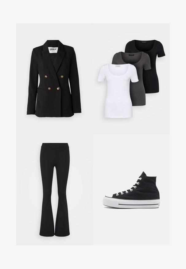 ONLY Tall ONLASTRID LIFE - Blejzr - black; Tři přiléhavé trička v bílé, šedé a černé barvě. Každé má široký výstřih a krátké rukávy. Vyrobeno z hladké, pružné tkaniny.; Černé zvonové kalhoty vyrobené z elastického materiálu, s vysokým pasem a hladkou texturou. Kalhoty se rozšiřují od kolene.; Černé vysoké plátěné tenisky s bílou gumičkovou špičkou, bílými tkaničkami a texturovaným černým svrškem. Černo-bílý proužkovaný mezičlánek.