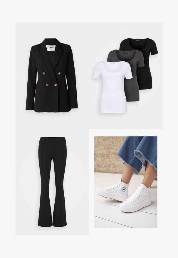 ONLY Tall ONLASTRID LIFE - Σακάκι - black; Τρία εφαρμοστά T-shirts σε λευκό, γκρι και μαύρο. Το καθένα διαθέτει φαρδιά στρογγυλή λαιμόκοψη και κοντά μανίκια. Κατασκευασμένα από μαλακό, ελαστικό ύφασμα.; Μαύρο φαρδύ παντελόνι από ελαστικό ύφασμα, με ψηλή μέση και λεία υφή. Το παντελόνι ανοίγει από το γόνατο.; Λευκά ψηλά sneakers από καμβά με καουτσούκ σόλα, διαθέτοντας ασημί θηλιές, κεντρική λογότυπη ετικέτα και υφασμένη σόλα.