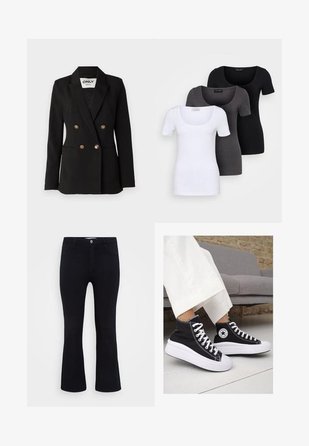 ONLY Tall ONLASTRID LIFE - Blazer - black; Trois T-shirts ajustés en blanc, gris et noir. Chacun présente un décolleté large et des manches courtes. Fabriqués en tissu lisse et extensible.; ONLY Carmakoma CARTHUNDER PUSH UP - Jean flare - black denim; Baskets montantes en toile noire avec semelles et lacets en caoutchouc blanc. Elles présentent un logo circulaire sur le côté et un contraste de coutures blanches.