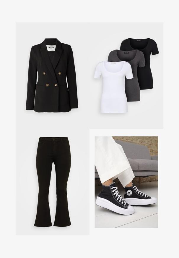 ONLY Tall ONLASTRID LIFE - Bleizeris - black; Trys priderinti marškiniai: balti, pilki ir juodi. Kiekvienas turi plačią apvalią iškirptę ir trumpas rankoves. Pagaminti iš lygaus, tamprių audinio.; Juodos platėjančios džinsinės kelnės, pagamintos iš medvilninio audinio, su mygtukų užsegimu, penkiais kišenėmis ir lygiu paviršiumi. Prigludusi forma su platėjančiu siluetu.; Juodi kanvasiniai aukšti sportbačiai su baltais guminiais padu ir raišteliais. Šonuose yra apskritas logotipas ir ryški balta siūlė.