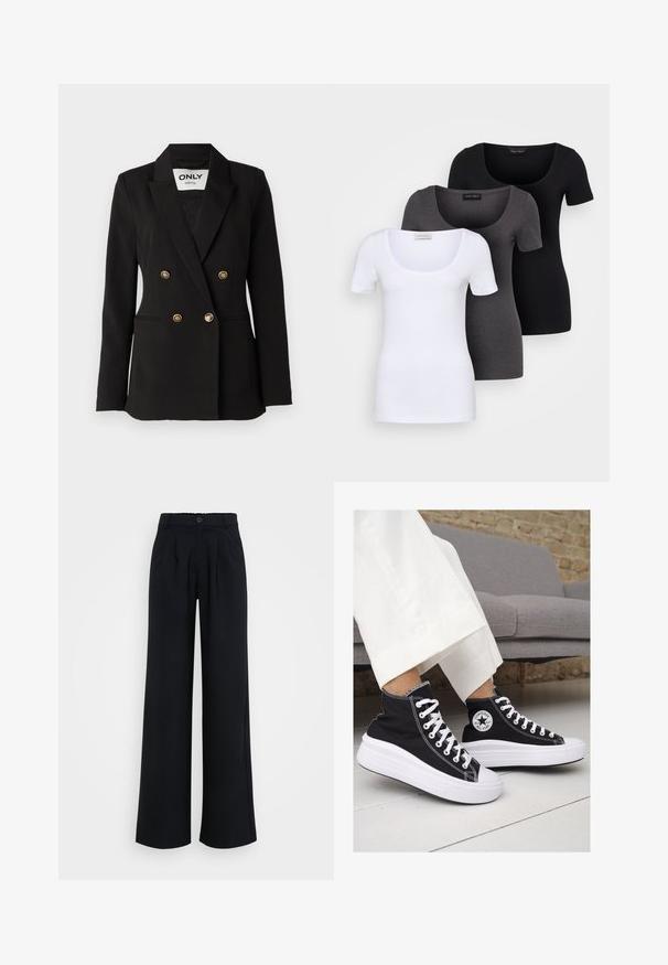 ONLY Tall ONLASTRID LIFE - Blazer - black; Tre figurerte T-skjorter i hvit, grå og svart. Hver har en bred scoop-nakke og korte ermer. Laget av glatt, elastisk stoff.; Bredde ben sorte bukser laget av glatt stoff, med knappefeste og subtile folder, samt elastisk midje for komfort.; Sorte lerrets høy-top sneakers med hvite gummisulinger og snørebånd. Har et rundt logo på siden og kontrasterende hvite sting.
