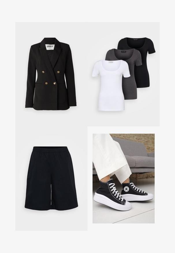 ONLY Tall ONLASTRID LIFE - Blazer - black; Tre figurerte T-skjorter i hvit, grå og svart. Hver har en bred scoop-nakke og korte ermer. Laget av glatt, elastisk stoff.; Svarte treningsshorts med elastisk midje, løs passform og en glatt tekstur. Designet er enkelt uten mønstre eller detaljer.; Sorte lerrets høy-top sneakers med hvite gummisulinger og snørebånd. Har et rundt logo på siden og kontrasterende hvite sting.