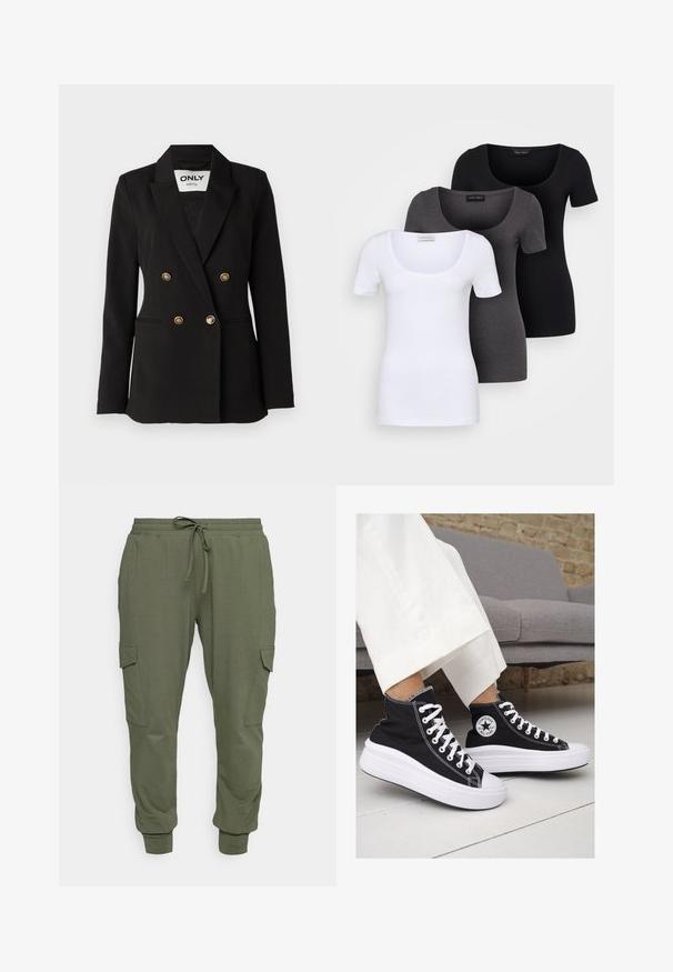 ONLY Tall ONLASTRID LIFE - Blazer - black; Drei figurbetonte T-Shirts in Weiß, Grau und Schwarz. Jedes hat einen weiten Rundhalsausschnitt und kurze Ärmel. Hergestellt aus glattem, elastischem Stoff.; Olivegrüne Sweatpants aus weichem Stoff, mit einem elastischen Bund und Kordelzug, schmal zulaufenden Bündchen und seitlichen Cargo-Taschen.; Schwarze Canvas-Hochtop-Sneakers mit weißen Gummisohlen und Schnürsenkeln. Mit einem runden Logo an der Seite und kontrastierendem weißen Nähten.