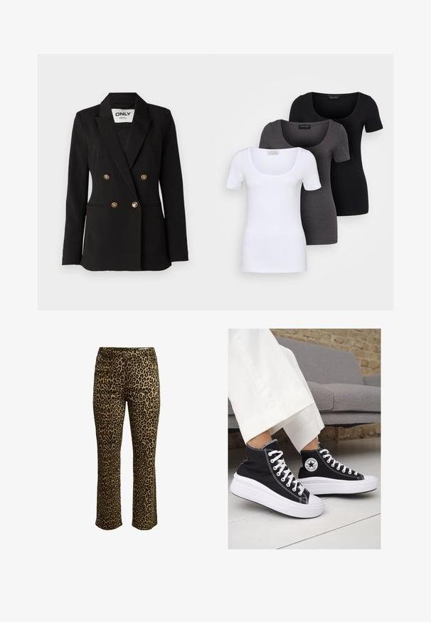 ONLY Tall ONLASTRID LIFE - Kratka jakna - black; Tri fitted T-shirtovi u bijeloj, sivoj i crnoj boji. Svaki ima široki izrez na vratu i kratke rukave. Napravljen od glatkoga, rastezljivog materijala.; Hlače s leopard uzorkom, koje imaju uski kroj, kopčanje na gumb i ušivenu pasicu s blagim rastezanjem za udobnost.; Crne platnene visoke tenisice s bijelim gumiranim potplatima i vezicama. Imaju kružni logo sa strane i kontrastne bijele šavove.