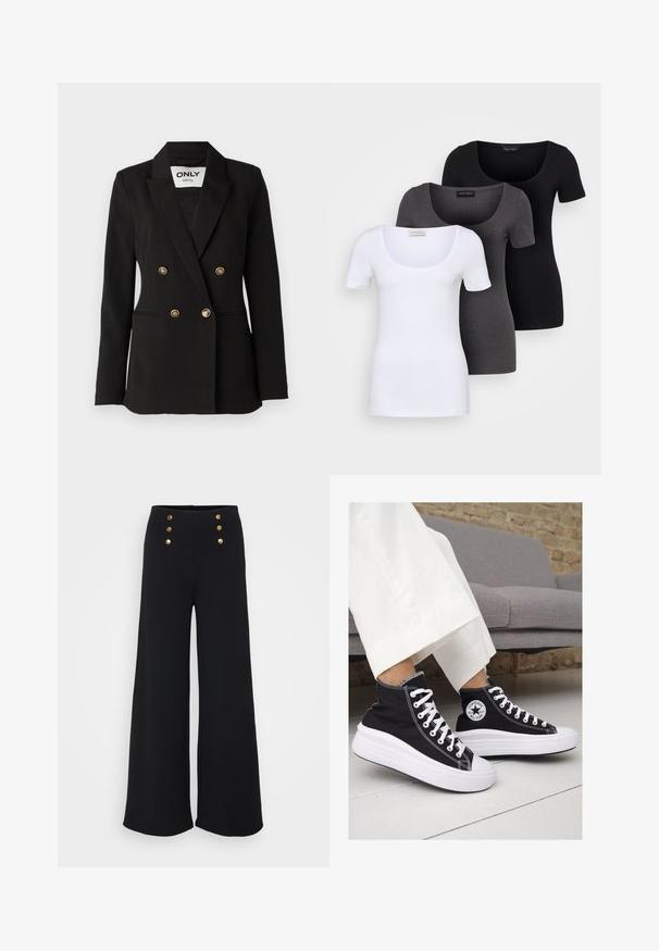 ONLY Tall ONLASTRID LIFE - Blazer - black; Tre tætsiddende T-shirts i hvid, grå og sort. Hver af dem har en bred scoop-udskæring og korte ærmer. Fremstillet af glat, strækbart stof.; Bredde ben sorte bukser med en glat tekstur, høj talje og fire guldknapper foran, designet til en skræddersyet pasform.; Sorte høj-top sneakers i lærred med hvide gummisåler og snørebånd. Har et rundt logo på siden og kontrasterende hvide syninger.