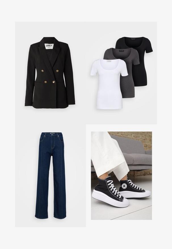 ONLY Tall ONLASTRID LIFE - Blazer - black; Three fitted T-shirts in white, gray, and black. Each features a wide scoop neckline and short sleeves. Made from smooth, stretchy fabric.; Dark blue high-waist wide-leg jeans with front pockets, belt loops, and contrast stitching on a plain light background.; Black canvas high-top sneakers with white rubber soles and laces. Features a circular logo on the side and contrasting white stitching.