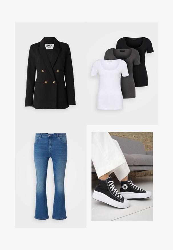ONLY Tall ONLASTRID LIFE - Blejzr - black; Tři přiléhavé trička v bílé, šedé a černé barvě. Každé má široký výstřih a krátké rukávy. Vyrobeno z hladké, pružné tkaniny.; Modré zvonové džíny z denimu s středním pasem, dvěma předními kapsami a zapínáním na knoflík. Mají vybledlý vzhled a mírné trhání na lemu.; Černé vysoké plátěné tenisky s bílými gumovými podrážkami a tkaničkami. Na boku mají kulaté logo a kontrastní bílé švy.