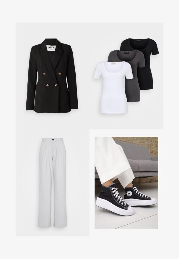 ONLY Tall ONLASTRID LIFE - Blejzr - black; Tři přiléhavé trička v bílé, šedé a černé barvě. Každé má široký výstřih a krátké rukávy. Vyrobeno z hladké, pružné tkaniny.; Světlé šedé kalhoty s širokými nohavicemi, předními sklady, přiléhavým pasem a jedním černým knoflíkem na zapínání. Vyrobeny z hladké, strukturální tkaniny.; Černé vysoké plátěné tenisky s bílými gumovými podrážkami a tkaničkami. Na boku mají kulaté logo a kontrastní bílé švy.