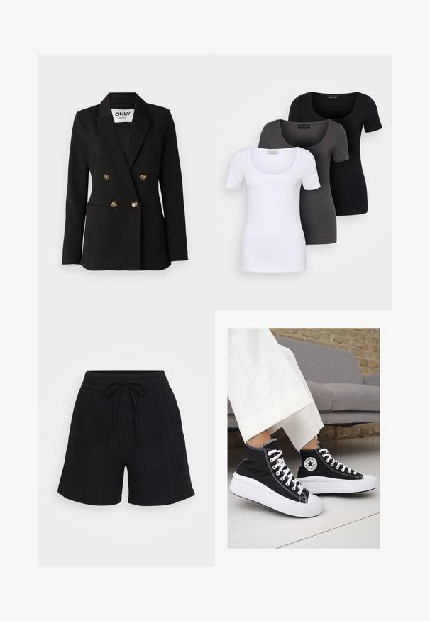 ONLY Tall ONLASTRID LIFE - Blazer - black; Trois T-shirts ajustés en blanc, gris et noir. Chacun présente un décolleté large et des manches courtes. Fabriqués en tissu lisse et extensible.; Shorts en lin noirs avec une taille élastique, cordon de serrage ajustable et texture verticale subtile. Coupe décontractée, longueur mi-thigh.; Baskets montantes en toile noire avec semelles et lacets en caoutchouc blanc. Elles présentent un logo circulaire sur le côté et un contraste de coutures blanches.