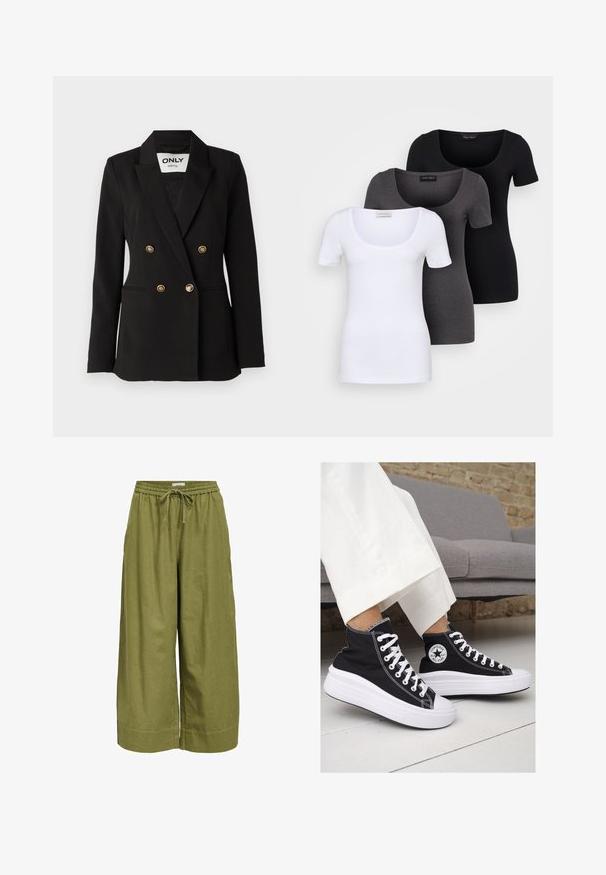 ONLY Tall ONLASTRID LIFE - Blazer - black; Trois T-shirts ajustés en blanc, gris et noir. Chacun présente un décolleté large et des manches courtes. Fabriqués en tissu lisse et extensible.; Pantalons larges verts en tissu léger, dotés d'une taille élastique avec cordon de serrage et d'une finition lisse et sans texture.; Baskets montantes en toile noire avec semelles et lacets en caoutchouc blanc. Elles présentent un logo circulaire sur le côté et un contraste de coutures blanches.