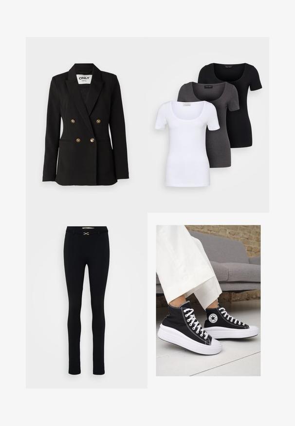 ONLY Tall ONLASTRID LIFE - Kratka jakna - black; Tri fitted T-shirtovi u bijeloj, sivoj i crnoj boji. Svaki ima široki izrez na vratu i kratke rukave. Napravljen od glatkoga, rastezljivog materijala.; Crne, krojene tajice s glatkom teksturom. Prilagođeni oblik, s zlatnim detaljem na pojasu. Nema vidljivih džepova.; Crne platnene visoke tenisice s bijelim gumiranim potplatima i vezicama. Imaju kružni logo sa strane i kontrastne bijele šavove.