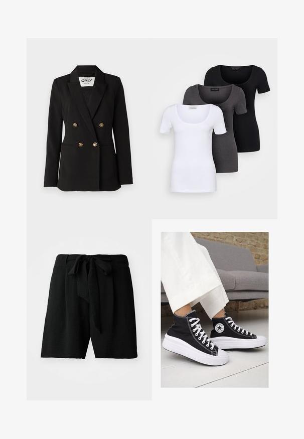 ONLY Tall ONLASTRID LIFE - Blazer - black; Drie getailleerde T-shirts in het wit, grijs en zwart. Elk met een brede ronde hals en korte mouwen. Gemaakt van gladde, rekbare stof.; Zwarte shorts van gestructureerde stof, met een striksluiting in de taille en een relaxte pasvorm, die tot halverwege de dijen reikt.; Zwarte canvas hoge sneakers met witte rubberen zolen en veters. Voorzien van een cirkelvormig logo aan de zijkant en contrasterende witte stiksels.