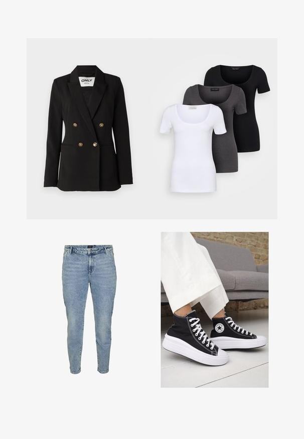 ONLY Tall ONLASTRID LIFE - Blazer - black; Tres camisetas ajustadas en blanco, gris y negro. Cada una cuenta con un escote amplio y mangas cortas. Están hechas de una tela suave y elástica.; Jeans de color azul claro con un corte ajustado, elaborados en tejido de mezclilla. Cuentan con cierre de botón, cinco bolsillos y un desgaste sutil para dar textura.; Zapatillas altas de lona negra con suelas y cordones de goma blanca. Presentan un logo circular en el lateral y costuras blancas en contraste.