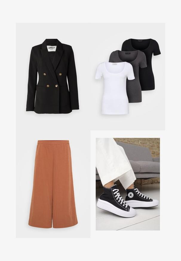ONLY Tall ONLASTRID LIFE - Blazer - black; Drie getailleerde T-shirts in het wit, grijs en zwart. Elk met een brede ronde hals en korte mouwen. Gemaakt van gladde, rekbare stof.; Roestkleurige culottes gemaakt van lichtgewicht, gekreukt materiaal. Voorzien van een elastische tailleband en brede, vloeiende pijpen. Soepele textuur overal.; Zwarte canvas hoge sneakers met witte rubberen zolen en veters. Voorzien van een cirkelvormig logo aan de zijkant en contrasterende witte stiksels.