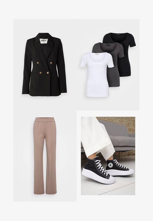 ONLY Tall ONLASTRID LIFE - Žakete - black; Trīs pieguļoši T-krekli baltā, pelēkā un melnā krāsā. Katram ir plaša izgriezuma kakla un īsas piedurknes. Izgatavoti no gluda, elastīga auduma.; Bikses, kas izgatavotas no mīksta, gaiši brūna auduma ar plašu kāju dizainu. Tām ir elastīga josta un divas priekšējās krokas.; Melni kanvas augstpapēžu apavi ar baltām gumijas zolēm un auklām. Ievērojams aplis logotips sānos un kontrastējoša balta šuvums.