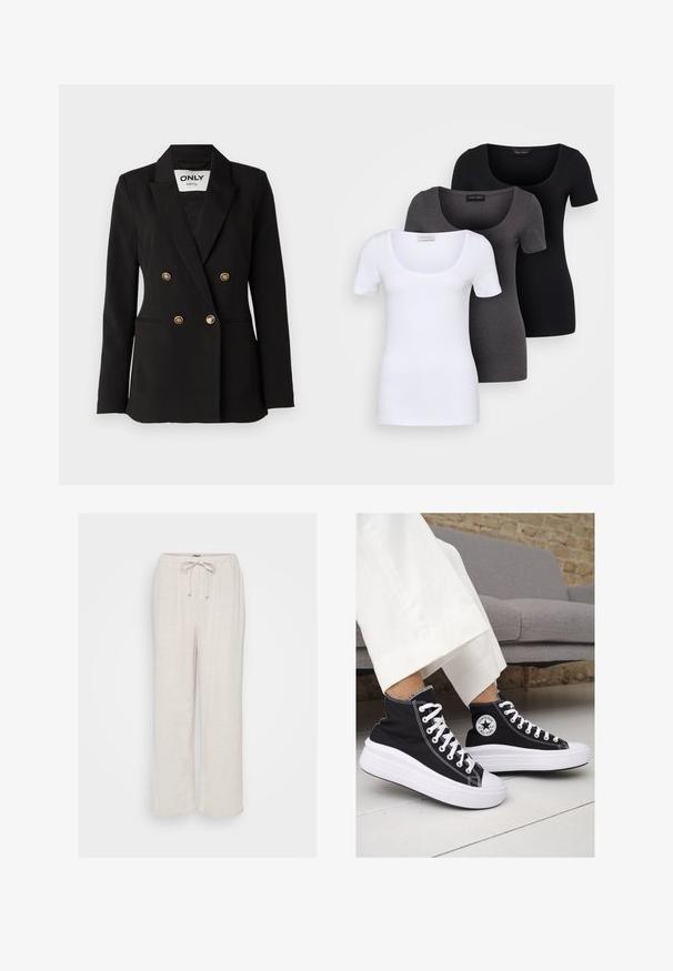 ONLY Tall ONLASTRID LIFE - Bleiser - black; Kolm mugavat T-särki valges, hallis ja mustas värvitoonis. Igal särgil on lai madal kaelus ja lühikesed varrukad. Valmistatud siledast, venivast kangast.; Kerged beezid linased püksid, millel on lõdvad lõiked, elastne vöökoht ja reguleeritav pael. Omab peenekoelist tekstuuri ja laia jalga.; Mustad musträgiga kõrge vars sneakerid valgete kummist tallade ja paeltega. Küljel on ringikujuline logo ja kontrastne valge õmblus.
