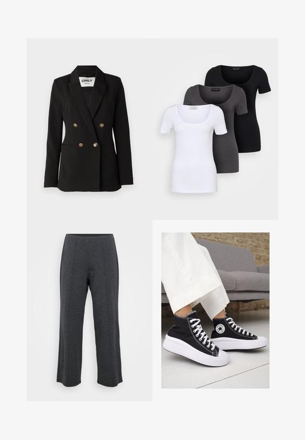 ONLY Tall ONLASTRID LIFE - Blazer - black; Tre tætsiddende T-shirts i hvid, grå og sort. Hver af dem har en bred scoop-udskæring og korte ærmer. Fremstillet af glat, strækbart stof.; Mørkegrå, vide bukser lavet af blød, strækbar stof. Har en glat talje og flad front med subtile folder for ekstra detaljer.; Sorte høj-top sneakers i lærred med hvide gummisåler og snørebånd. Har et rundt logo på siden og kontrasterende hvide syninger.