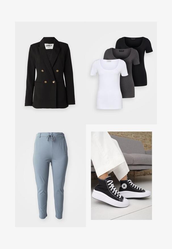 ONLY Tall ONLASTRID LIFE - Bleizeris - black; Trys priderinti marškiniai: balti, pilki ir juodi. Kiekvienas turi plačią apvalią iškirptę ir trumpas rankoves. Pagaminti iš lygaus, tamprių audinio.; Šviesiai mėlynos, tamprios kelnės su siaurėjančia forma, elastingu juosmeniu ir reguliuojama raišteliu. Yra šoninės kišenės ir lygi tekstūra.; Juodi kanvasiniai aukšti sportbačiai su baltais guminiais padu ir raišteliais. Šonuose yra apskritas logotipas ir ryški balta siūlė.