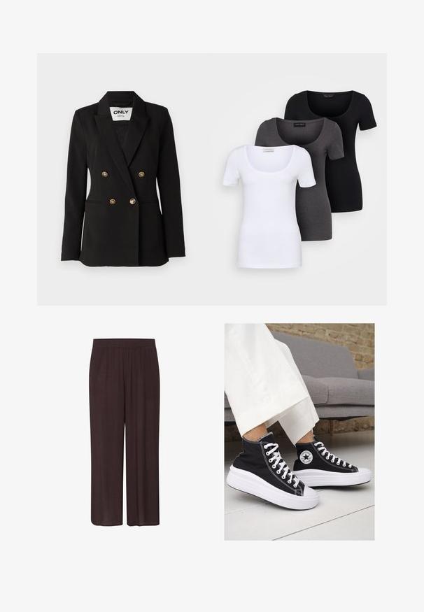 ONLY Tall ONLASTRID LIFE - Blazer - black; Drie getailleerde T-shirts in het wit, grijs en zwart. Elk met een brede ronde hals en korte mouwen. Gemaakt van gladde, rekbare stof.; Donkerbruine brede broek van een textuurovereenkomst, met een elastische tailleband en een ontspannen silhouet zonder zichtbare patronen of accenten.; Zwarte canvas hoge sneakers met witte rubberen zolen en veters. Voorzien van een cirkelvormig logo aan de zijkant en contrasterende witte stiksels.