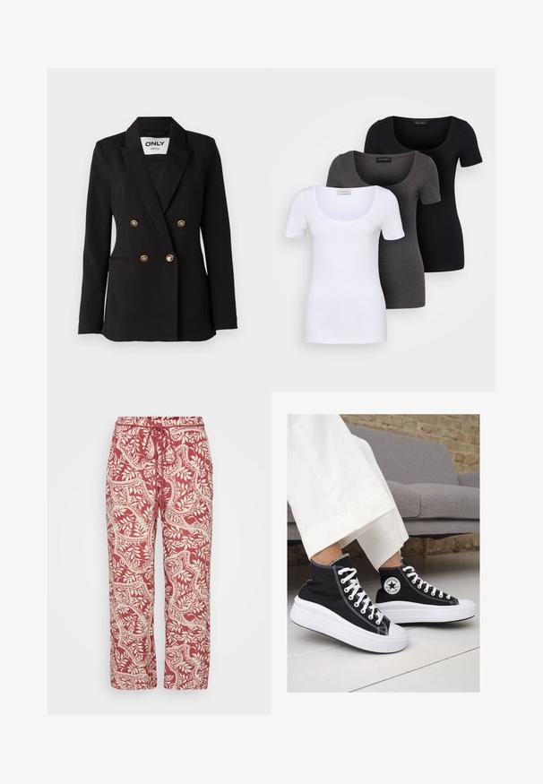 ONLY Tall ONLASTRID LIFE - Blazer - black; Drei figurbetonte T-Shirts in Weiß, Grau und Schwarz. Jedes hat einen weiten Rundhalsausschnitt und kurze Ärmel. Hergestellt aus glattem, elastischem Stoff.; Rote und cremefarbene gemusterte Hosen mit elastischem Bund und verstellbarem Kordelzug. Der Stoff weist ein florales Motiv auf und hat eine lockere Passform.; Schwarze Canvas-Hochtop-Sneakers mit weißen Gummisohlen und Schnürsenkeln. Mit einem runden Logo an der Seite und kontrastierendem weißen Nähten.