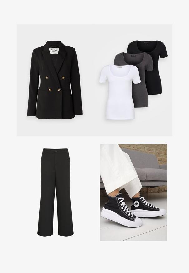 ONLY Tall ONLASTRID LIFE - Bleiser - black; Kolm mugavat T-särki valges, hallis ja mustas värvitoonis. Igal särgil on lai madal kaelus ja lühikesed varrukad. Valmistatud siledast, venivast kangast.; Culture CUALAINE - Püksid - black; Mustad musträgiga kõrge vars sneakerid valgete kummist tallade ja paeltega. Küljel on ringikujuline logo ja kontrastne valge õmblus.