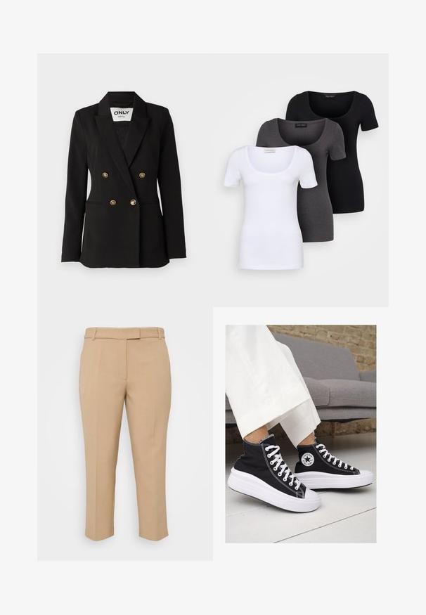 ONLY Tall ONLASTRID LIFE - Blazer - black; Tre tætsiddende T-shirts i hvid, grå og sort. Hver af dem har en bred scoop-udskæring og korte ærmer. Fremstillet af glat, strækbart stof.; Beige skræddersyede bukser med lige pasform, mellemhøj talje og sidelommer. Glat tekstur med skarpe plisseringer og manchetter ved ankel længde.; Sorte høj-top sneakers i lærred med hvide gummisåler og snørebånd. Har et rundt logo på siden og kontrasterende hvide syninger.
