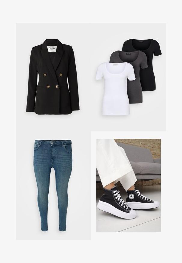 ONLY Tall ONLASTRID LIFE - Blazer - black; Three fitted T-shirts in white, gray, and black. Each features a wide scoop neckline and short sleeves. Made from smooth, stretchy fabric.; Skinny jeans in medium blue denim with a smooth texture, five-pocket design, belt loops, and a button closure at the waist.; Black canvas high-top sneakers with white rubber soles and laces. Features a circular logo on the side and contrasting white stitching.