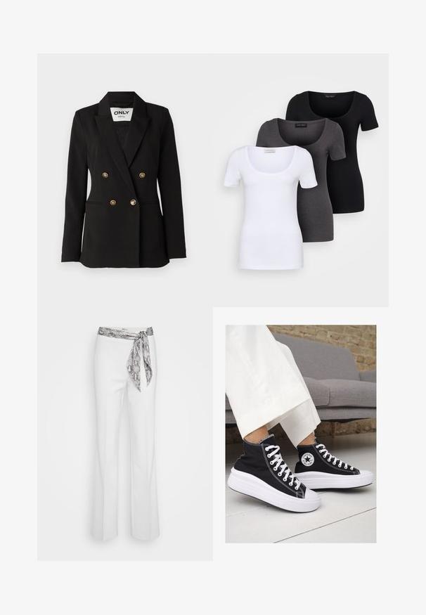 ONLY Tall ONLASTRID LIFE - Bleiseri - black; Kolme istuvaa T-paitaa valkoisena, harmaana ja mustana. Jokaisessa on leveä avara pääntie ja lyhyet hihat. Valmistettu sileästä ja joustavasta kankaasta.; Valkoiset housut, joissa on muotoiltu vyötärö ja edessä solmittu harmaan käärmeennahkakuosisesta nauhasta. Leveä lahjemuotoilu, jossa on sileä kankaan pinta.; Mustat kangaskengät korkealla varrella, joissa on valkoiset kumipohjat ja nauhat. Sivussa on pyöreä logo ja kontrastiväriset valkoiset tikkausommellut.