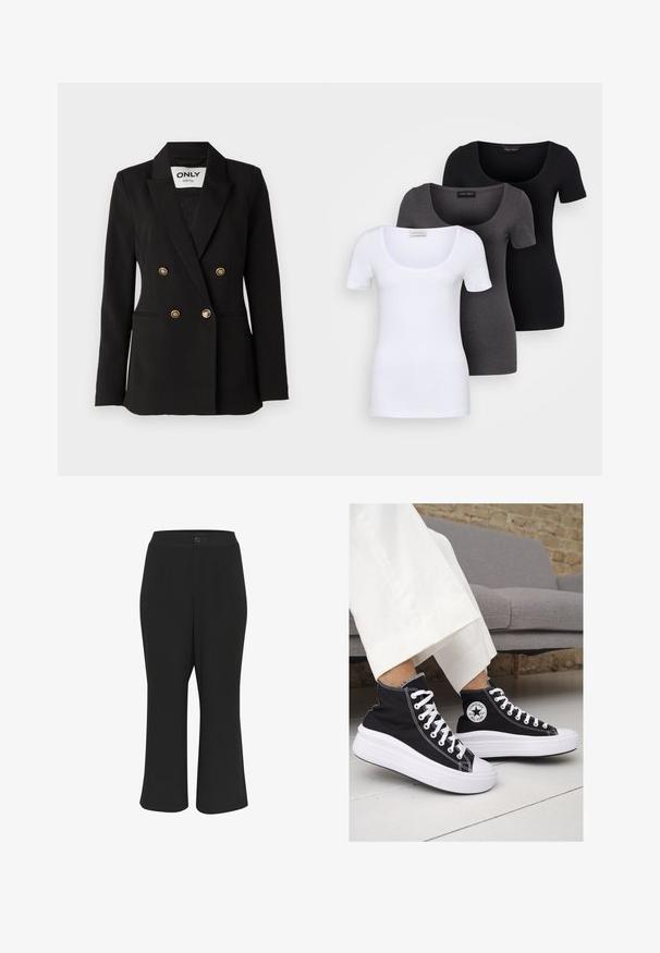 ONLY Tall ONLASTRID LIFE - Bleizeris - black; Trys priderinti marškiniai: balti, pilki ir juodi. Kiekvienas turi plačią apvalią iškirptę ir trumpas rankoves. Pagaminti iš lygaus, tamprių audinio.; Juodos trumpesnės kelnės su lygiu paviršiumi, sagtimi ir dviem priekinių kišenių. Dizainas turi tiesią siluetą ir minimalų dekorą.; Juodi kanvasiniai aukšti sportbačiai su baltais guminiais padu ir raišteliais. Šonuose yra apskritas logotipas ir ryški balta siūlė.
