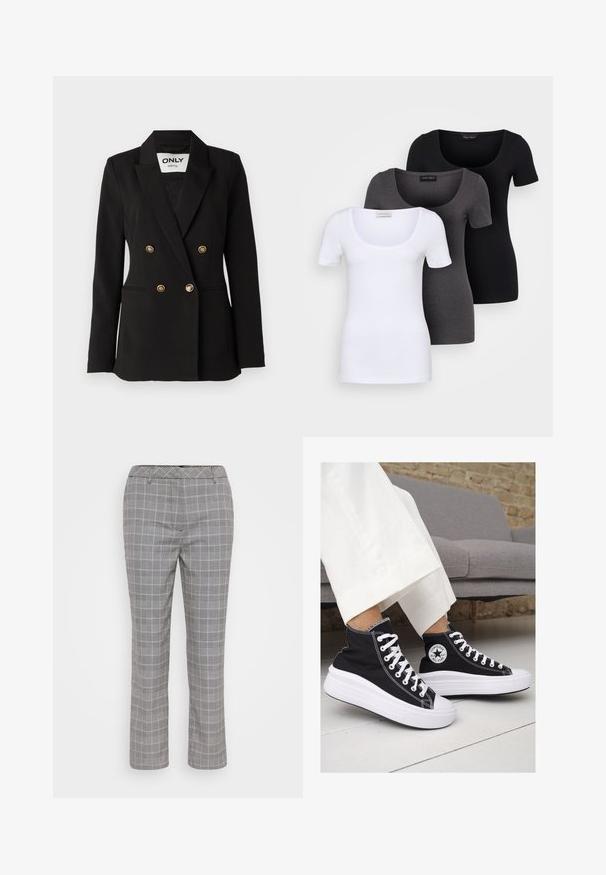 ONLY Tall ONLASTRID LIFE - Blazer - black; Tre figurerte T-skjorter i hvit, grå og svart. Hver har en bred scoop-nakke og korte ermer. Laget av glatt, elastisk stoff.; Grå rutete bukser med skreddersydd passform. Har et subtilt sjekk-mønster, beltehemper og en rett ben-design. Glatt stofftekstur.; Sorte lerrets høy-top sneakers med hvite gummisulinger og snørebånd. Har et rundt logo på siden og kontrasterende hvite sting.