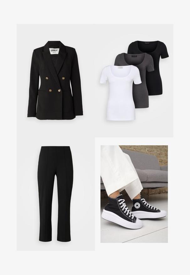ONLY Tall ONLASTRID LIFE - Blazer - black; Trois T-shirts ajustés en blanc, gris et noir. Chacun présente un décolleté large et des manches courtes. Fabriqués en tissu lisse et extensible.; Vero Moda Curve VMCBECKY PULL ON - Pantalon classique - black; Baskets montantes en toile noire avec semelles et lacets en caoutchouc blanc. Elles présentent un logo circulaire sur le côté et un contraste de coutures blanches.