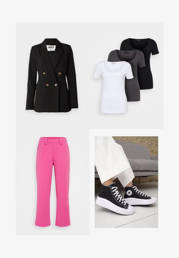 ONLY Tall ONLASTRID LIFE - Žakete - black; Trīs pieguļoši T-krekli baltā, pelēkā un melnā krāsā. Katram ir plaša izgriezuma kakla un īsas piedurknes. Izgatavoti no gluda, elastīga auduma.; Rozā apgrieztās bikses, kas izgatavotas no gludas auduma, ar jostu viduklī, priekšējiem krokām un nedaudz izsistām kājām.; Melni kanvas augstpapēžu apavi ar baltām gumijas zolēm un auklām. Ievērojams aplis logotips sānos un kontrastējoša balta šuvums.