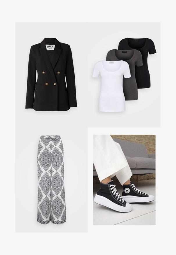 ONLY Tall ONLASTRID LIFE - Blazer - black; Tre figurerte T-skjorter i hvit, grå og svart. Hver har en bred scoop-nakke og korte ermer. Laget av glatt, elastisk stoff.; Bredde bukser i et sort-hvitt geometrisk mønster. Har en snor i livet, lett stoff og en flytende silhuett.; Sorte lerrets høy-top sneakers med hvite gummisulinger og snørebånd. Har et rundt logo på siden og kontrasterende hvite sting.