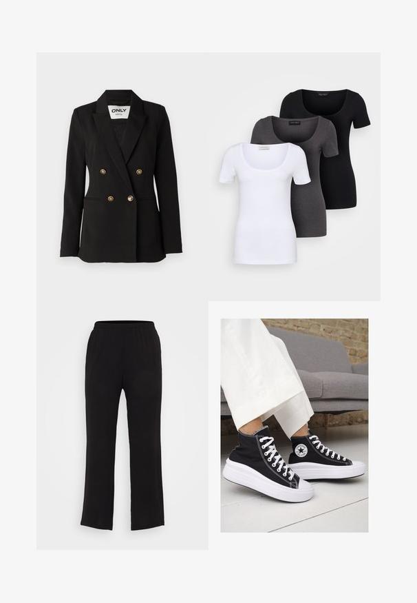 ONLY Tall ONLASTRID LIFE - Blazer - black; Tre T-shirt aderenti in bianco, grigio e nero. Ognuna presenta un ampio scollo a barca e maniche corte. Realizzate in un tessuto morbido e elastico.; Pantaloni neri, leggeri, con cintura elastica e design a gamba dritta. Texture liscia, senza motivi visibili o dettagli in metallo.; Sneaker alte nere in tela con suole e lacci bianchi. Presentano un logo circolare sul lato e cuciture bianche a contrasto.