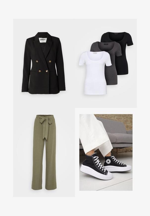 ONLY Tall ONLASTRID LIFE - Blazer - black; Three fitted T-shirts in white, gray, and black. Each features a wide scoop neckline and short sleeves. Made from smooth, stretchy fabric.; Olive green wide-leg trousers with a belted waist, made from a textured fabric, featuring a smooth finish and tailored cut.; Black canvas high-top sneakers with white rubber soles and laces. Features a circular logo on the side and contrasting white stitching.