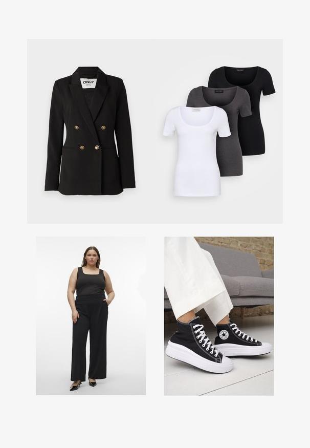ONLY Tall ONLASTRID LIFE - Žakete - black; Trīs pieguļoši T-krekli baltā, pelēkā un melnā krāsā. Katram ir plaša izgriezuma kakla un īsas piedurknes. Izgatavoti no gluda, elastīga auduma.; Melns kūts ar plašajiem melnajiem biksēm, kas ir aprīkotas ar pogām. Apģērbs ir ar gludu tekstūru un modernu, pieguļošu siluetu.; Melni kanvas augstpapēžu apavi ar baltām gumijas zolēm un auklām. Ievērojams aplis logotips sānos un kontrastējoša balta šuvums.