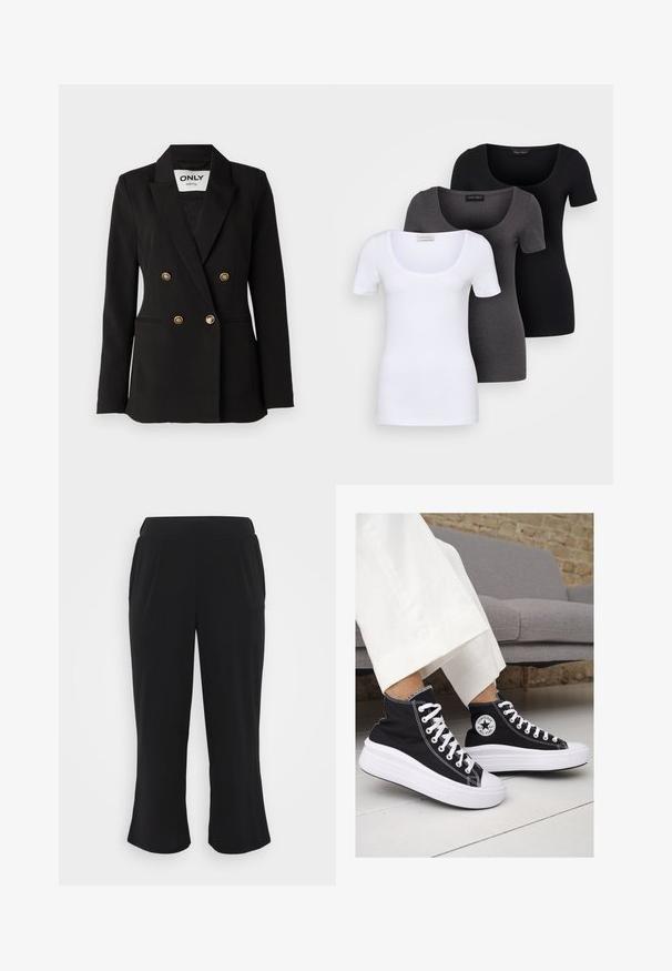 ONLY Tall ONLASTRID LIFE - Blazer - black; Tre åtsittande T-shirts i vitt, grått och svart. Var och en har en bred rundad halsringning och korta ärmar. Tillverkade av mjukt, stretcht tyg.; Svarta kapade byxor med en slät, texturerad tyg, elastisk midja och framfällningar. Raka ben som slutar strax över ankeln.; Svarta canvas högskor med vita gummisulor och snören. Har en cirkulär logotyp på sidan och kontrasterande vit sömnad.