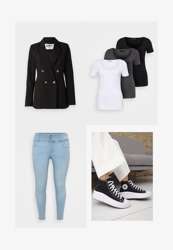 ONLY Tall ONLASTRID LIFE - Blazer - black; Three fitted T-shirts in white, gray, and black. Each features a wide scoop neckline and short sleeves. Made from smooth, stretchy fabric.; Light blue skinny jeans made of denim. Features three-button closure, two front pockets, and a smooth texture.; Black canvas high-top sneakers with white rubber soles and laces. Features a circular logo on the side and contrasting white stitching.