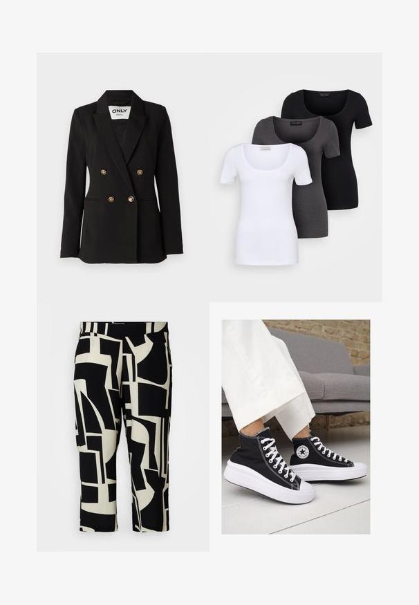 ONLY Tall ONLASTRID LIFE - Blazer - black; Trois T-shirts ajustés en blanc, gris et noir. Chacun présente un décolleté large et des manches courtes. Fabriqués en tissu lisse et extensible.; Pantalons cropped abstraits noir et crème avec une texture lisse et une taille élastique, ornés de formes géométriques.; Baskets montantes en toile noire avec semelles et lacets en caoutchouc blanc. Elles présentent un logo circulaire sur le côté et un contraste de coutures blanches.