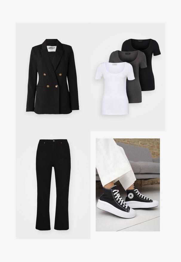 ONLY Tall ONLASTRID LIFE - Blazer - black; Tre figurerte T-skjorter i hvit, grå og svart. Hver har en bred scoop-nakke og korte ermer. Laget av glatt, elastisk stoff.; Svarte vide jeans laget av denim, med frontlommer, spennelukking og subtile oransje søm detaljer. Jevn tekstur.; Sorte lerrets høy-top sneakers med hvite gummisulinger og snørebånd. Har et rundt logo på siden og kontrasterende hvite sting.
